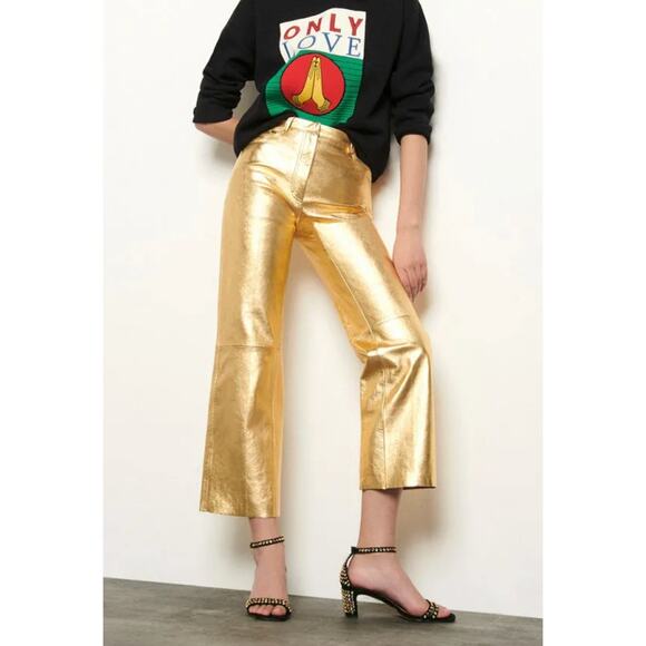 Sandro Pants - Sandro Metallic Lambskin Leather Kick Flare Pants Gold Ankle Crop FR 36 US 4 NWT
